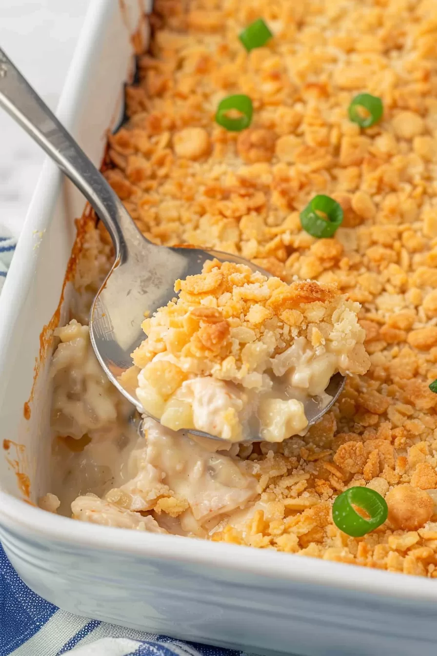 A baking dish filled with Ritz Cracker Chicken Casserole, showcasing its golden, crispy cracker topping.