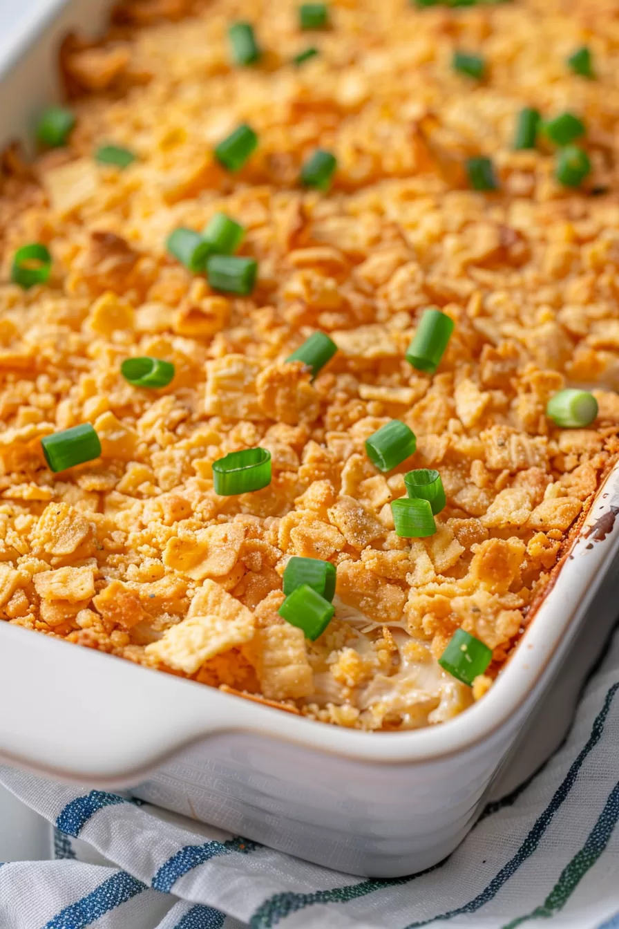 A perfectly baked Ritz Cracker Chicken Casserole with crispy edges and vibrant green onion garnish.