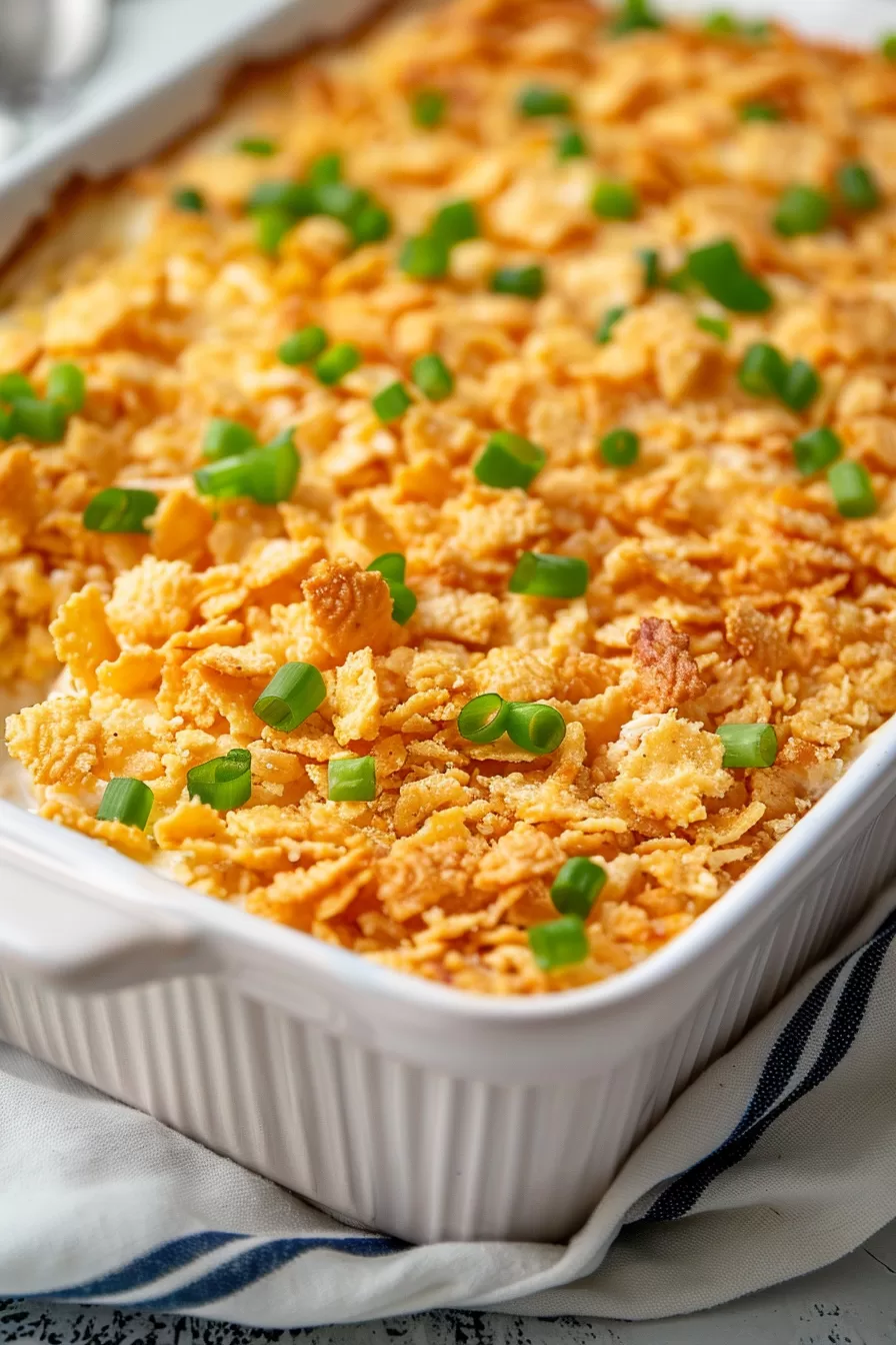 A casserole dish filled with a comforting Ritz Cracker Chicken Casserole, ready to serve.