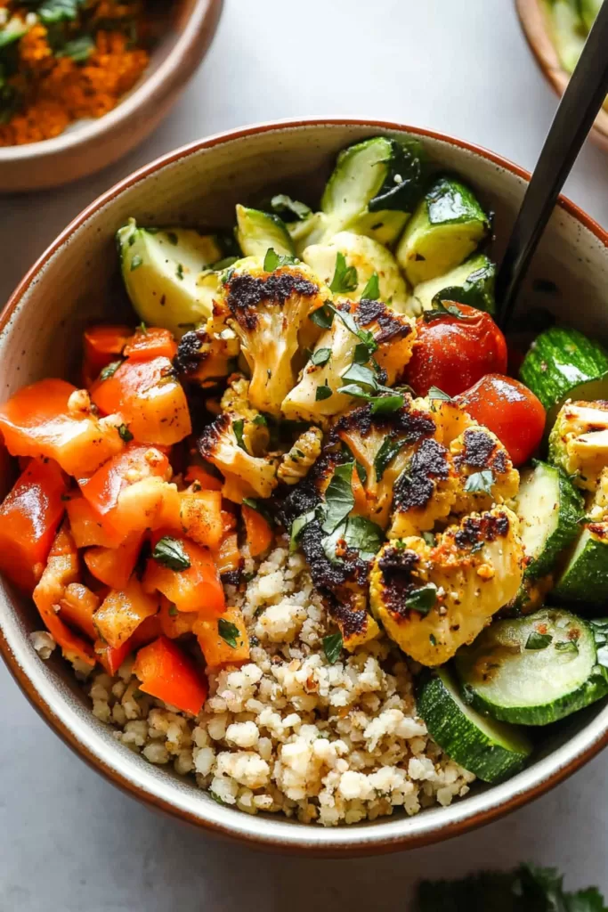 Close-up of a roasted veggie bowl featuring golden cauliflower florets, bell peppers, and quinoa, garnished with fresh herbs.