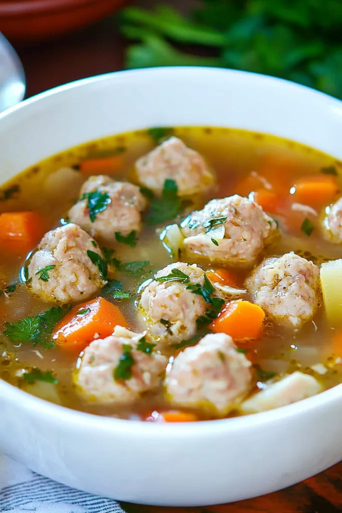 A close-up view of hearty chicken meatball soup with chunks of potatoes, vibrant carrots, and fresh herbs in a light broth.