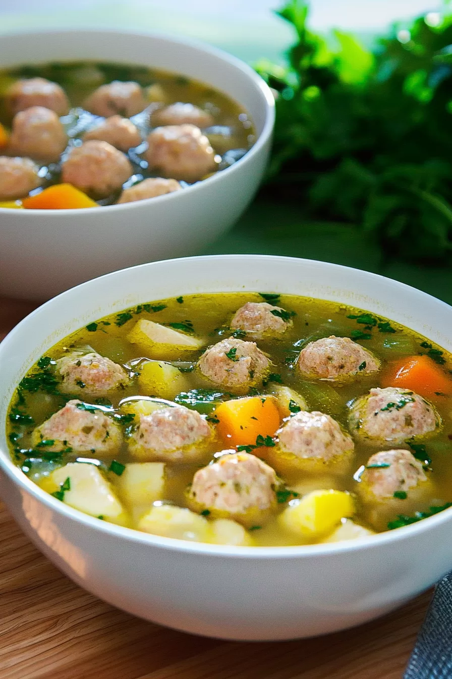 Two bowls of homemade chicken meatball soup served on a wooden surface, garnished with fresh parsley.