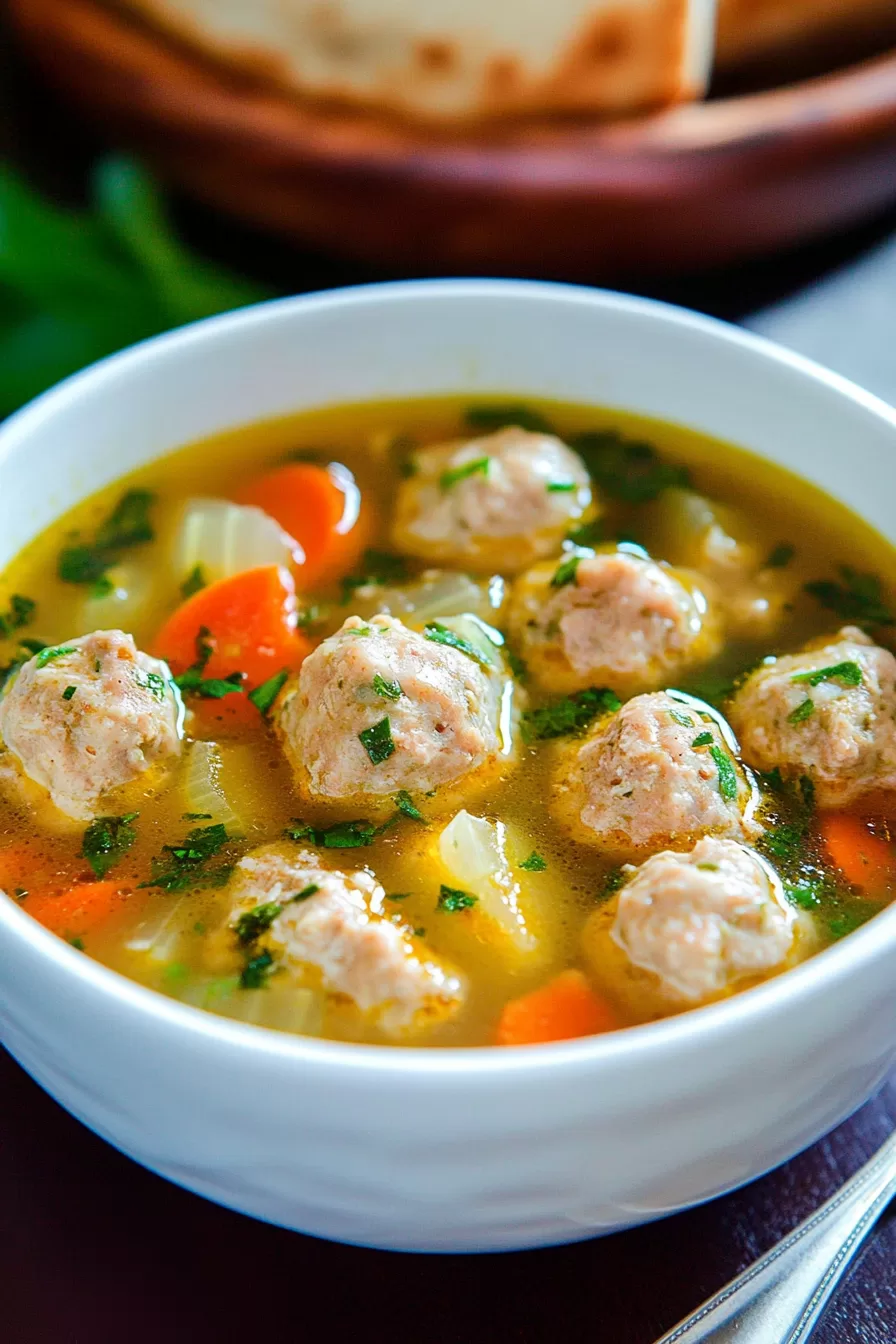 A steaming bowl of Russian-style chicken meatball soup showcasing tender meatballs and colorful vegetables.