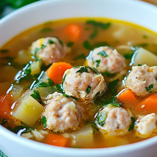 A warm and comforting soup featuring chicken meatballs, diced potatoes, and carrots in a golden broth.