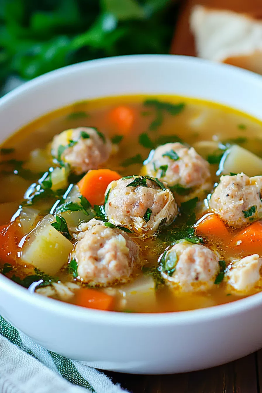 A warm and comforting soup featuring chicken meatballs, diced potatoes, and carrots in a golden broth.