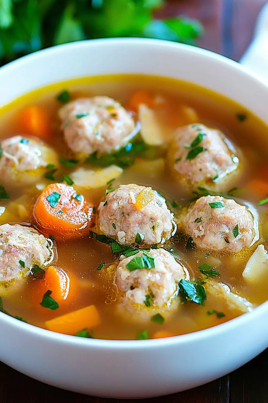 A bowl of chicken meatball soup served with rustic bread, highlighting the fresh herbs and hearty ingredients.