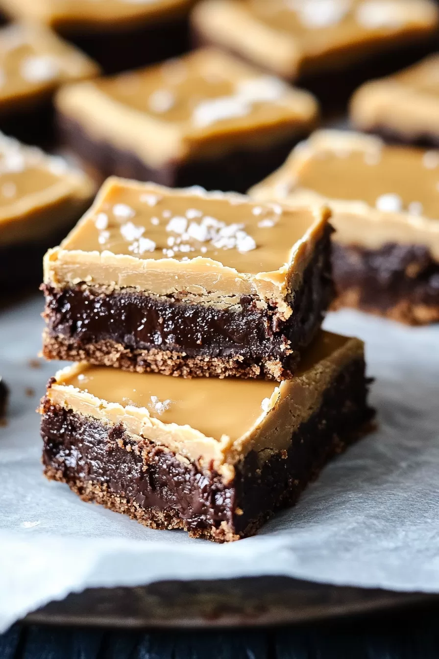 Stacked chocolate and caramel bars showcasing the rich, gooey texture and smooth caramel topping.