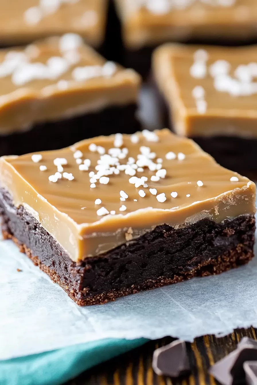 Rows of chocolate sugar cookie bars with a glossy caramel layer, perfect for dessert spreads.