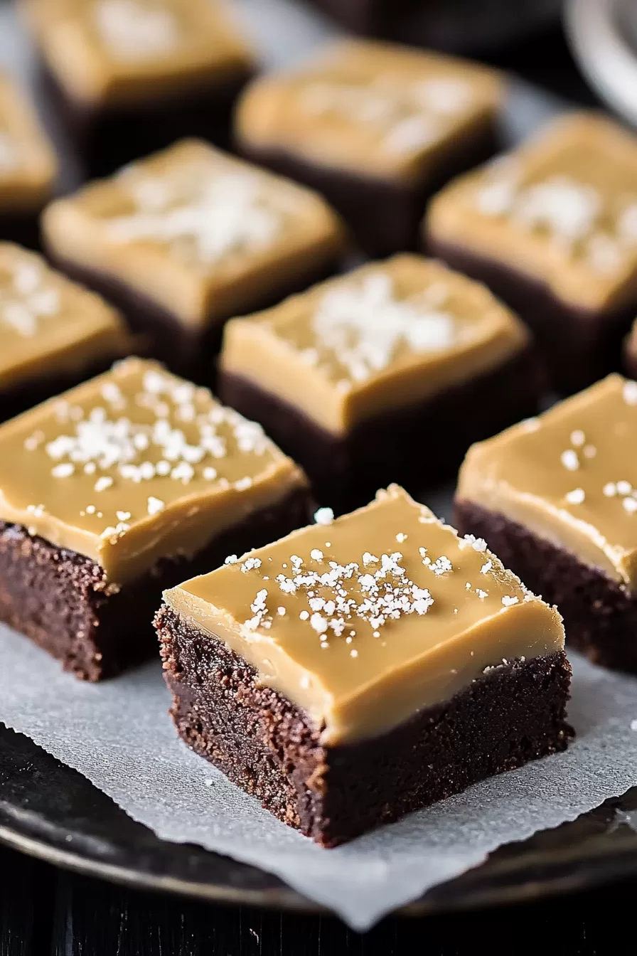 Rich and fudgy chocolate bars with a golden caramel layer, beautifully arranged on parchment paper.