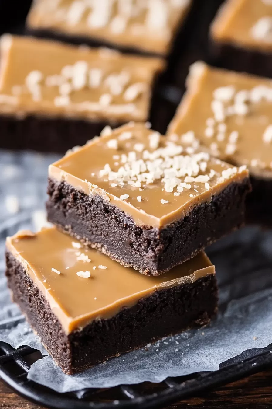 Close-up of a decadent chocolate sugar cookie bar layered with salted caramel and topped with a sprinkle of flaky salt.