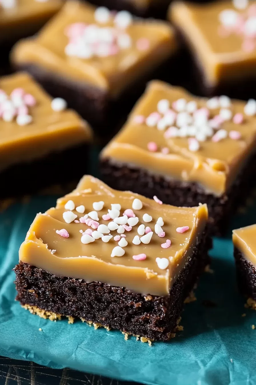 A chocolate sugar cookie bar with caramel topping, sprinkled with delicate heart-shaped sprinkles for a festive touch.