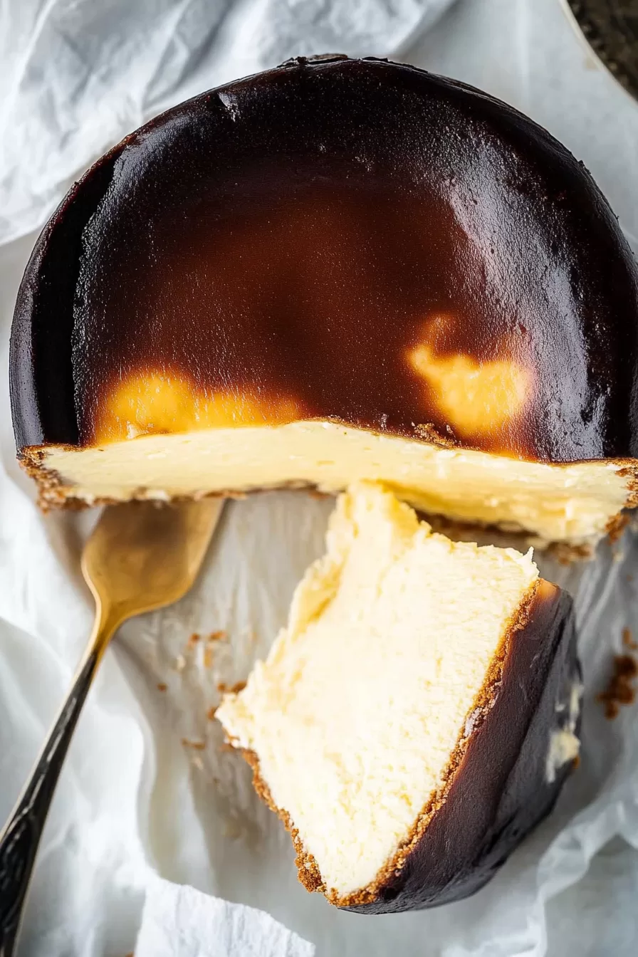 A sliced San Sebastian Cheesecake with a dark, glossy crust and soft, custard-like center on parchment paper.