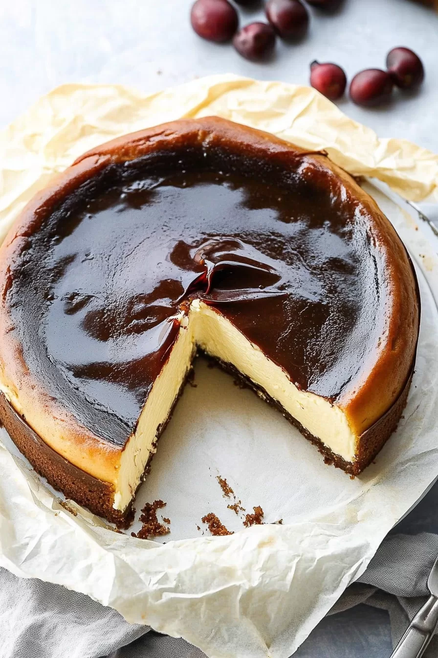 Close-up shot of a rich and creamy San Sebastian Cheesecake with a caramelized top and a smooth, velvety texture.