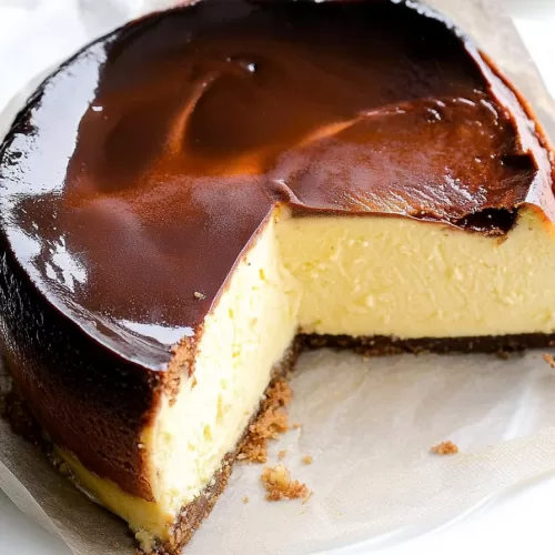 A whole San Sebastian Cheesecake with a golden-brown top and a visible slice removed, showing its creamy interior.