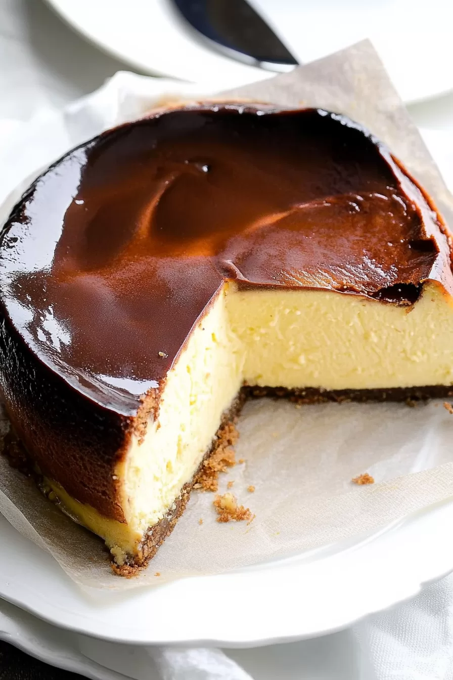 A whole San Sebastian Cheesecake with a golden-brown top and a visible slice removed, showing its creamy interior.