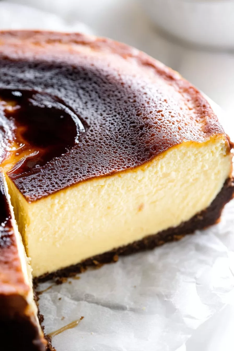 Side view of a perfectly baked San Sebastian Cheesecake, highlighting its darkened top and thick, airy filling.