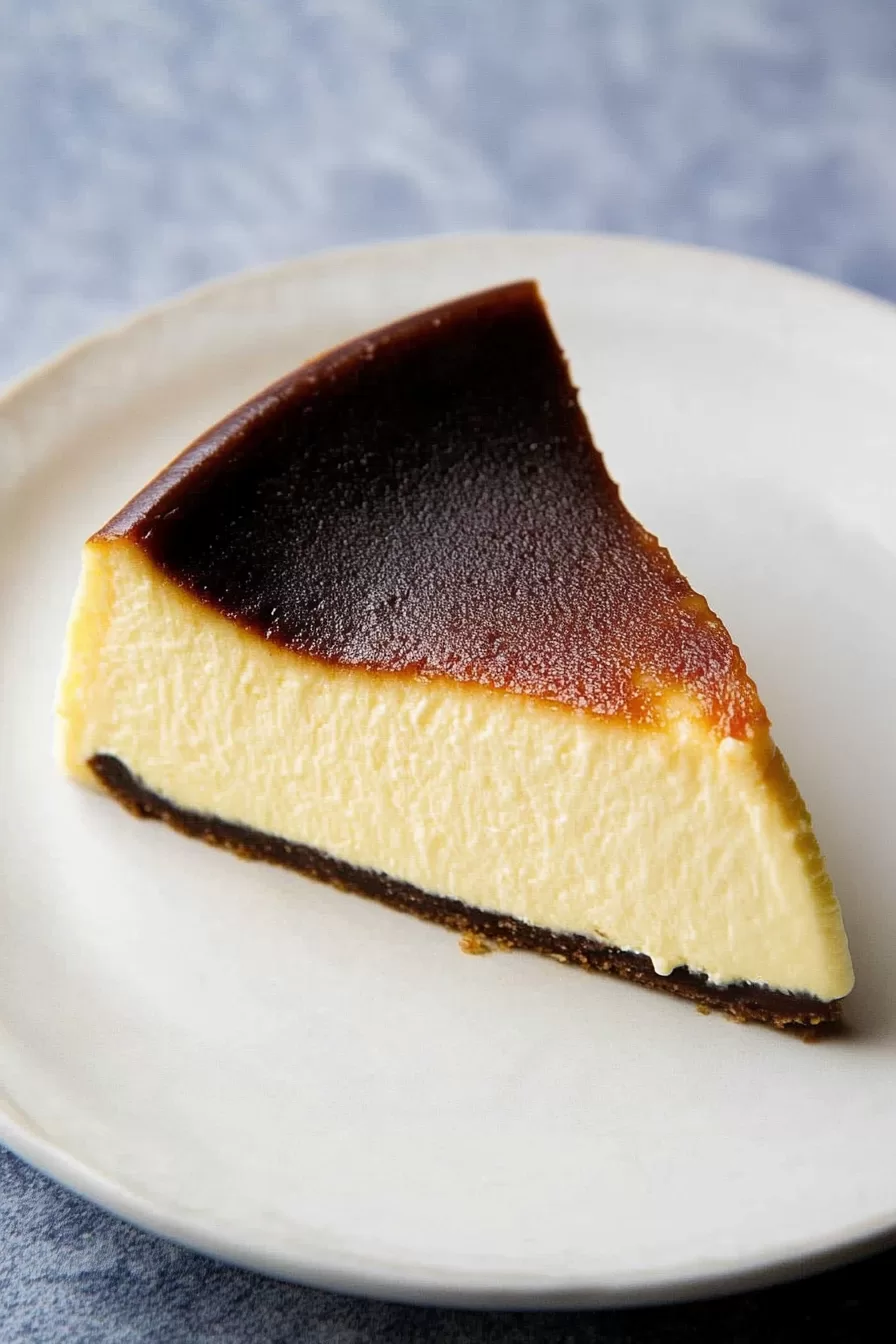 A single slice of San Sebastian Cheesecake on a white plate, featuring its silky smooth layers and caramelized crust.