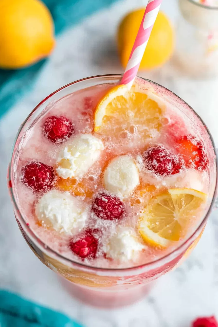 A refreshing glass of sherbet punch topped with scoops of sherbet, fresh raspberries, and lemon slices, served with a striped straw.