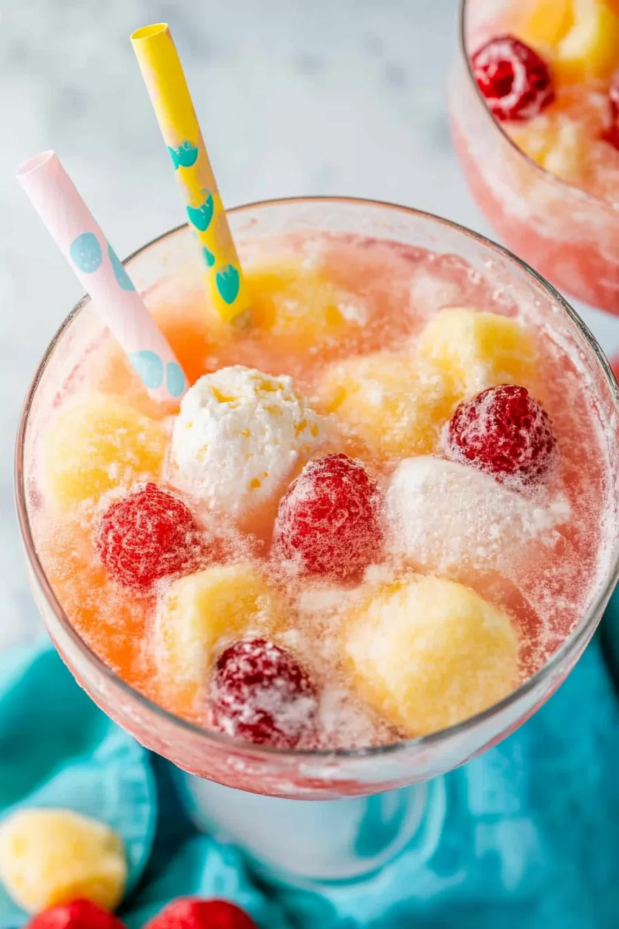 Bright and colorful sherbet punch featuring a medley of vibrant fruit and creamy sherbet scoops in a chilled glass.