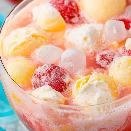 Sherbet punch in a clear glass bowl, showcasing its vibrant colors and fruity toppings for a party-ready presentation.