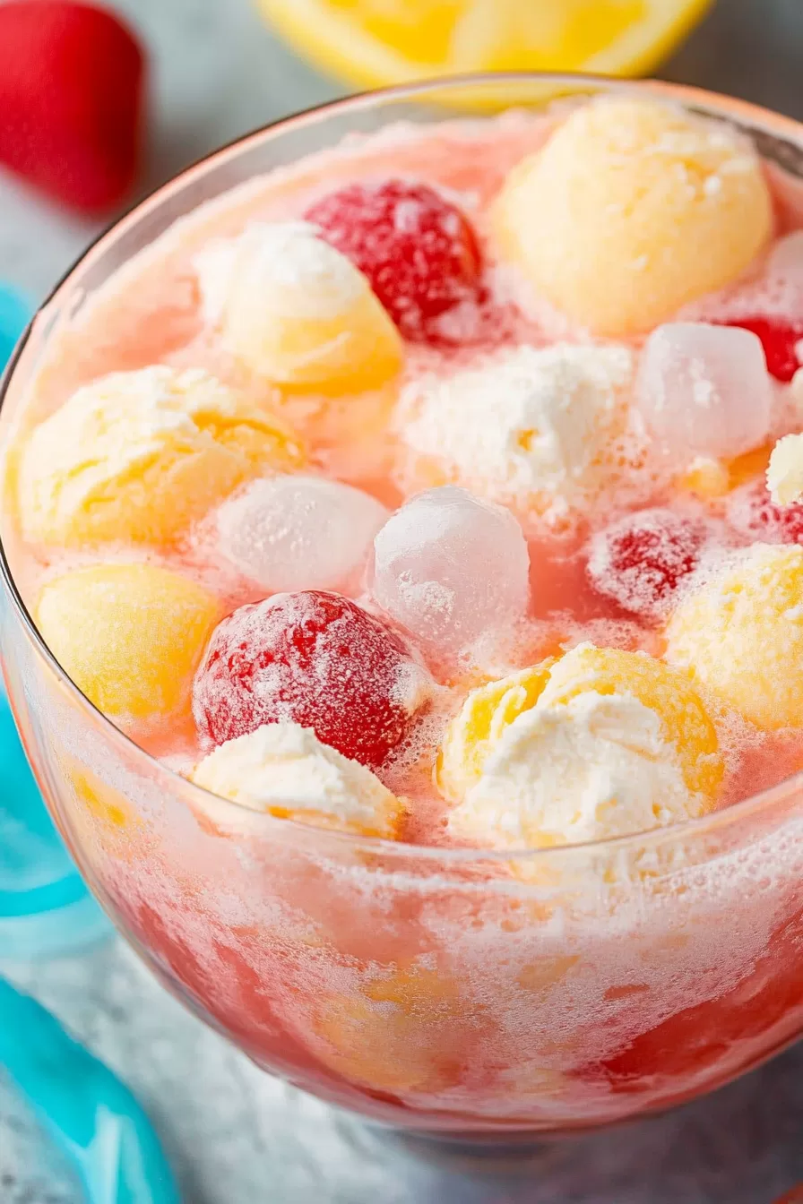 Sherbet punch in a clear glass bowl, showcasing its vibrant colors and fruity toppings for a party-ready presentation.