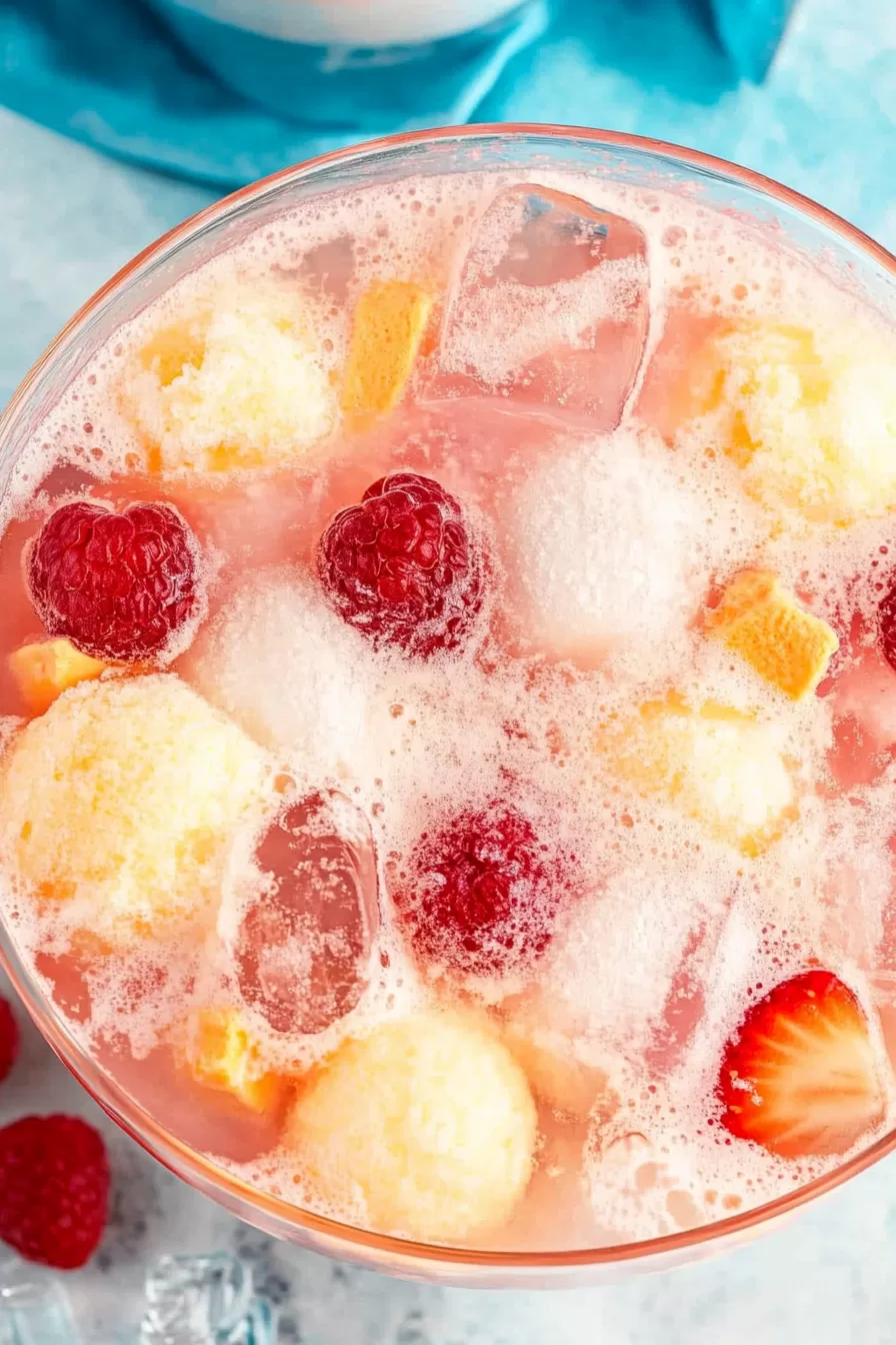 Close-up of a frothy sherbet punch filled with fruity ice cream scoops, fresh berries, and citrus slices.