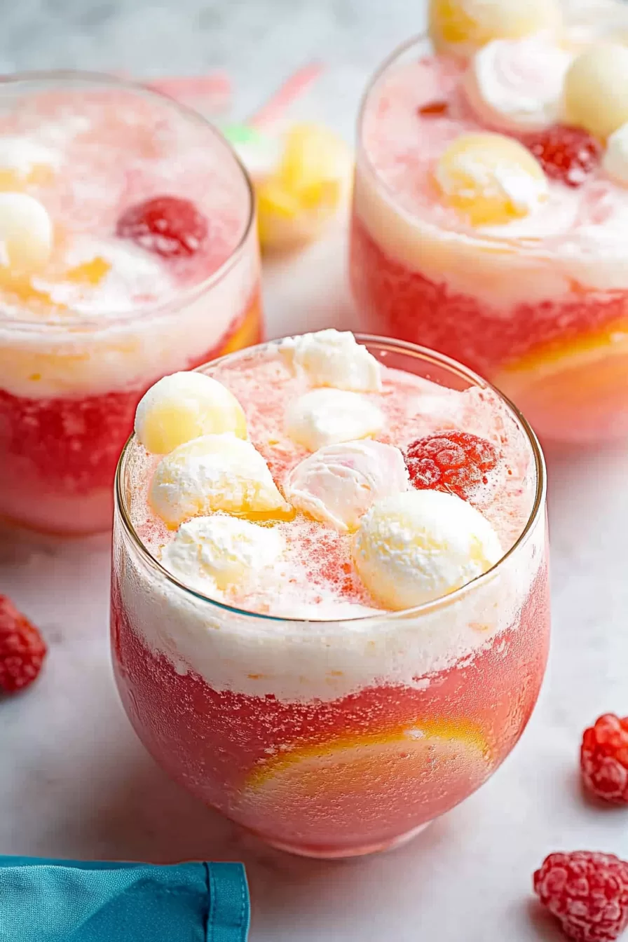 A festive glass of sherbet punch garnished with scoops of orange and lemon sherbet, raspberries, and ice cubes.