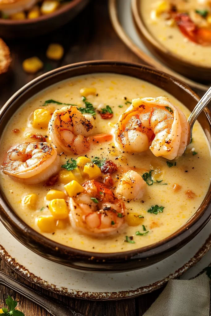 A steaming bowl of creamy bisque garnished with plump shrimp, sweet corn, and fresh parsley.