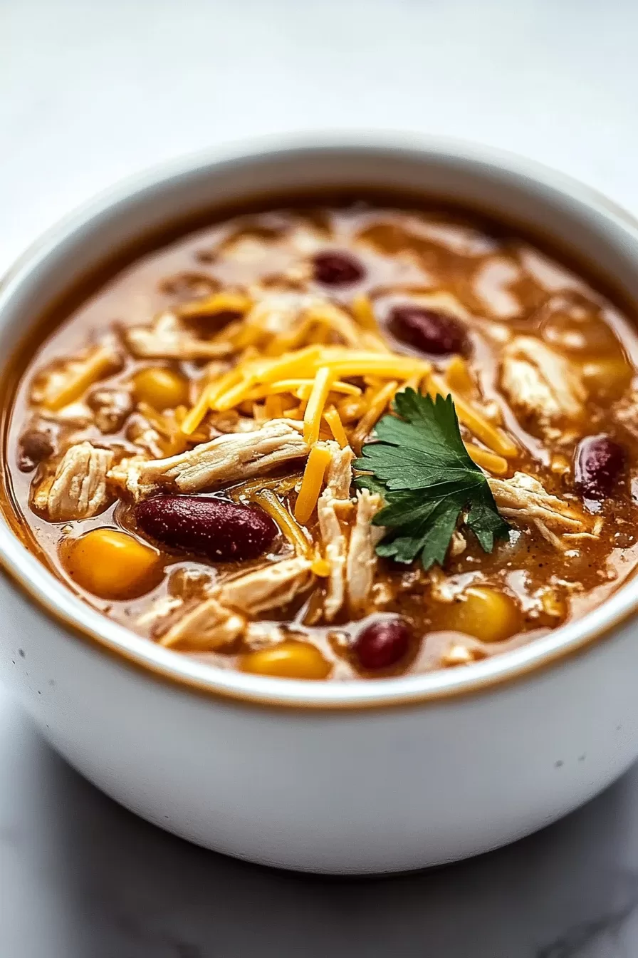 A hearty bowl of slow-cooked chili with shredded chicken, beans, and corn, garnished with fresh cilantro and a sprinkle of cheese.