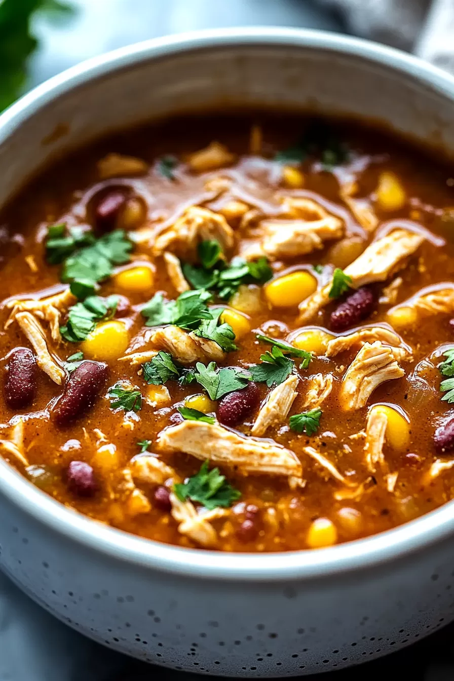 Warm and comforting slow cooker chicken chili with beans, corn, and shredded chicken, perfect for a cozy dinner.