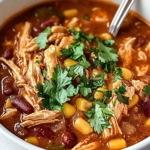 Close-up of a rich and flavorful chicken chili served in a white bowl, topped with fresh herbs and vibrant ingredients.