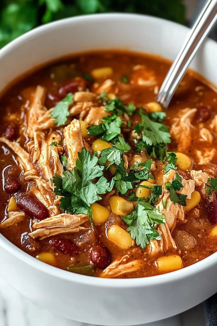 Close-up of a rich and flavorful chicken chili served in a white bowl, topped with fresh herbs and vibrant ingredients.