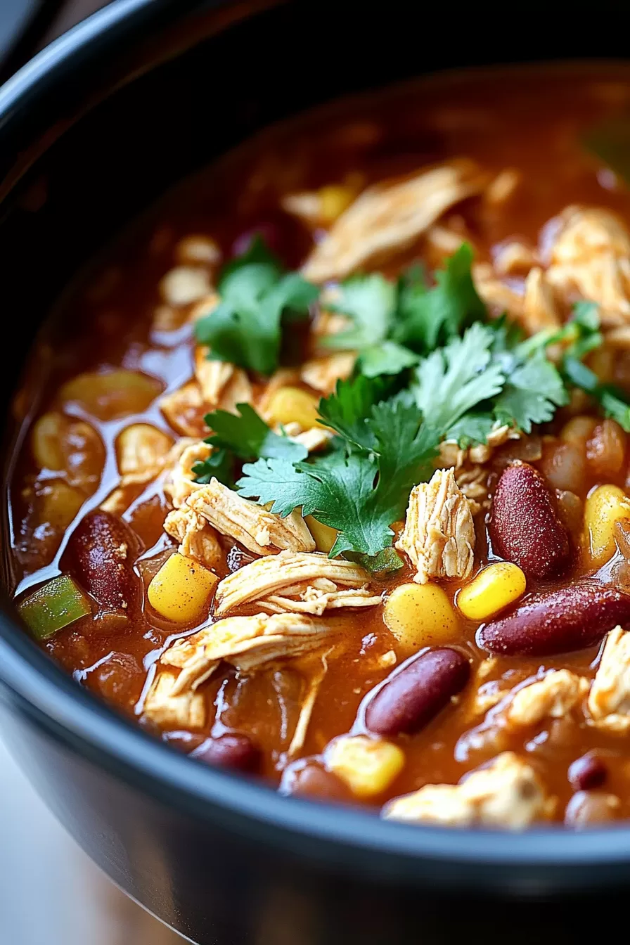 Deliciously thick and hearty chicken chili in a bowl, showcasing colorful beans, corn, and a hint of fresh cilantro.