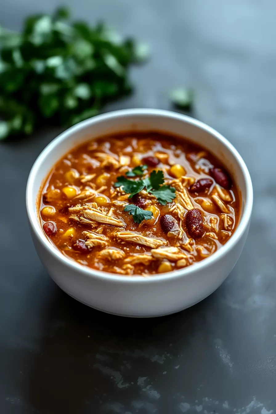 A steaming bowl of slow-cooked chicken chili, rich with spices and garnished with fresh herbs for a pop of color.