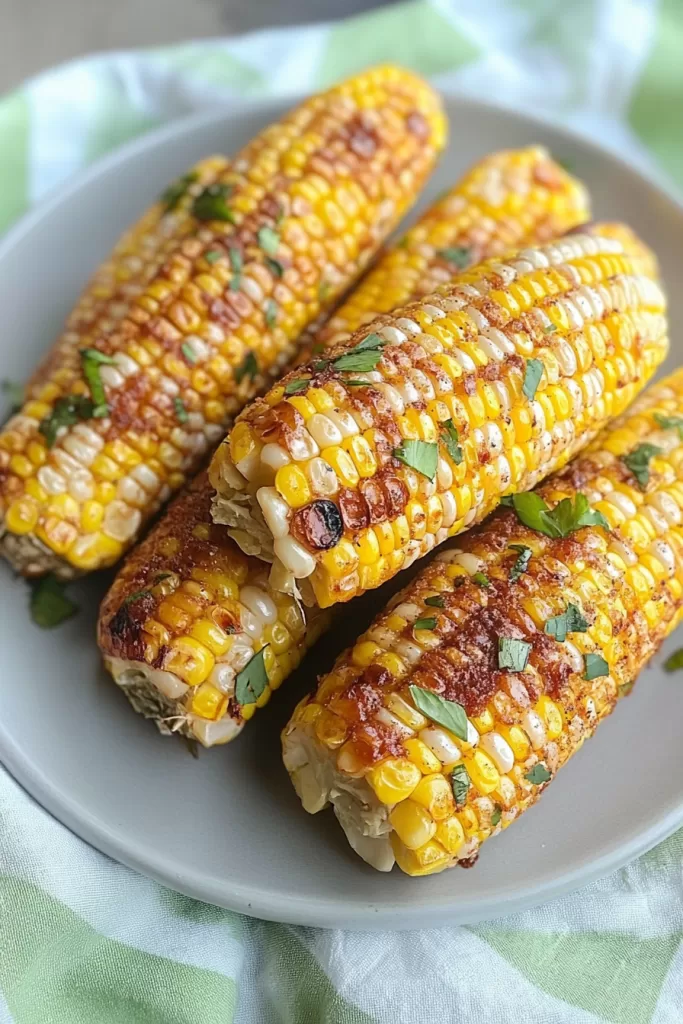 Close-up shot of golden smoked corn on the cob garnished with fresh herbs, served on a plate for a perfect summer side dish.