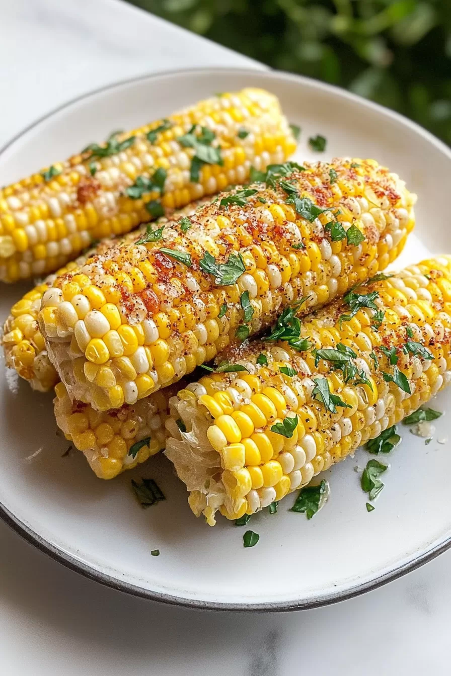 Stacked corn on the cob, smoked to perfection with a crispy caramelized exterior and sprinkled with fresh parsley.