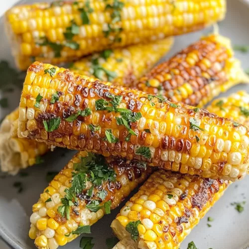 A plate of beautifully charred smoked corn on the cob topped with herbs and seasonings, ready to serve.