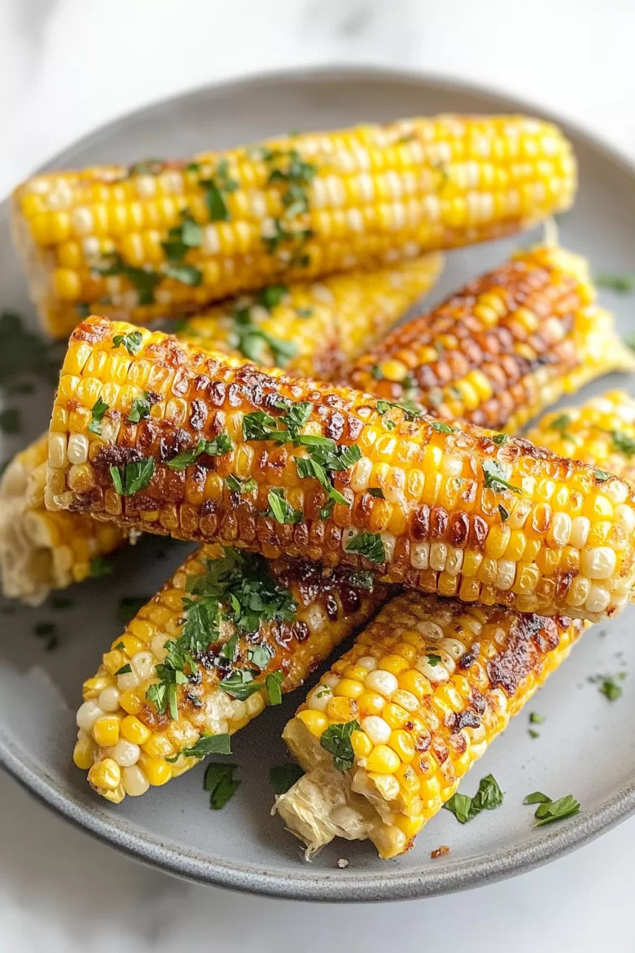 A plate of beautifully charred smoked corn on the cob topped with herbs and seasonings, ready to serve.