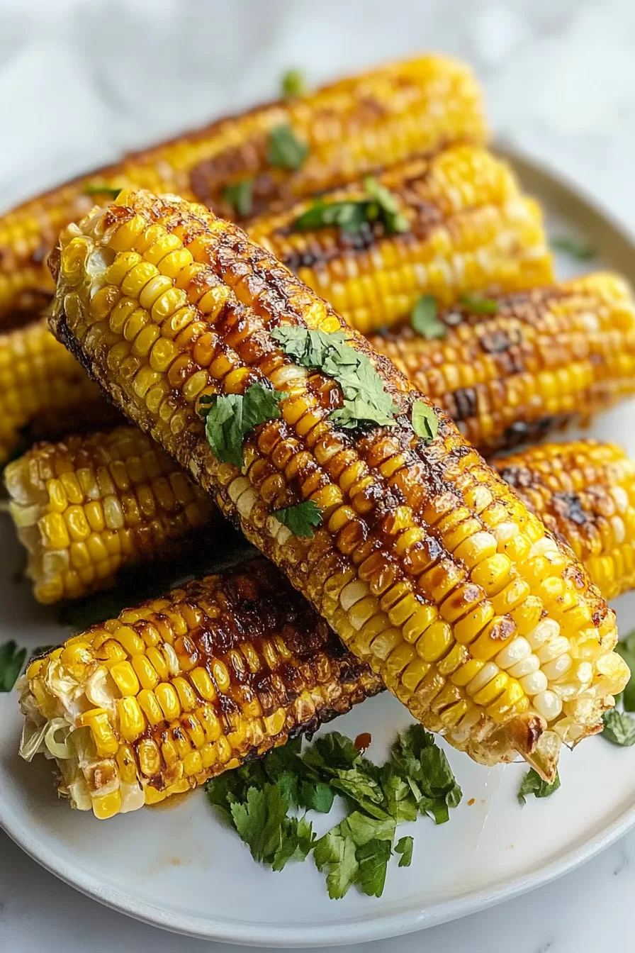 A vibrant, grilled corn dish, featuring perfectly smoked kernels with golden-brown char and fresh green herb toppings.