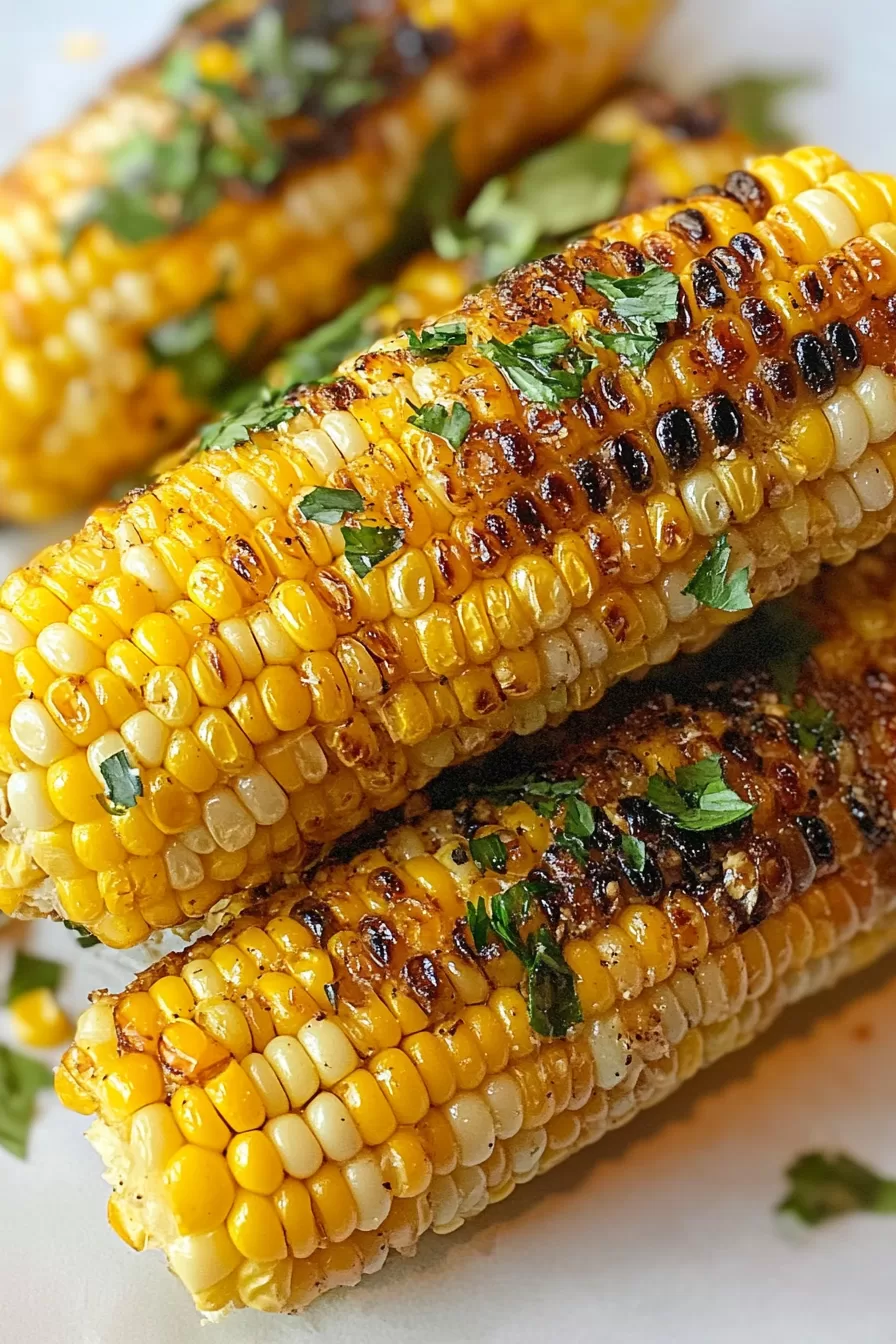 Close-up of smoky, buttery corn on the cob, garnished with finely chopped parsley and a hint of seasoning for extra flavor.