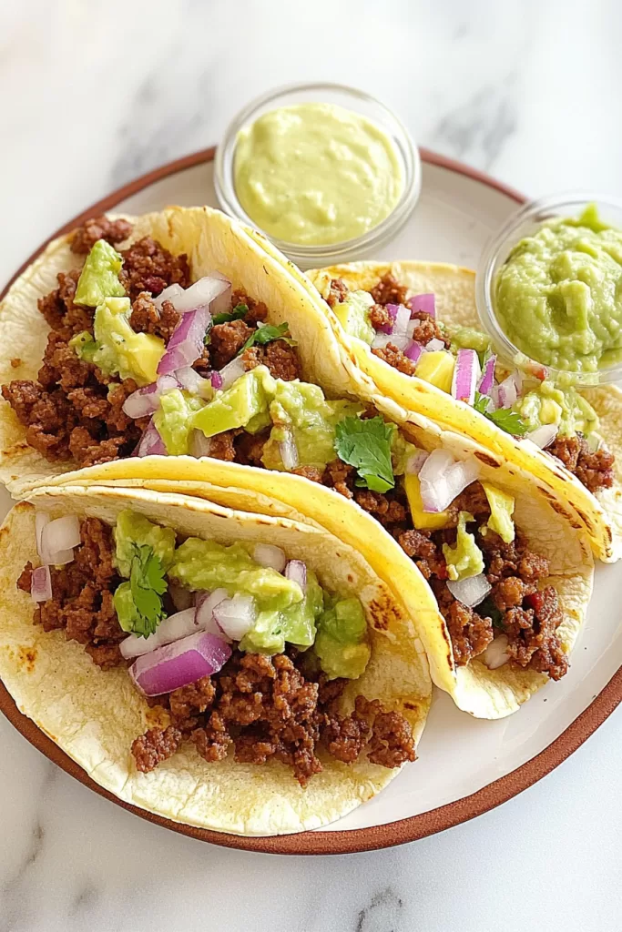 Close-up of two soft shell tacos brimming with flavorful ground meat, topped with cilantro and guacamole, on a white plate.