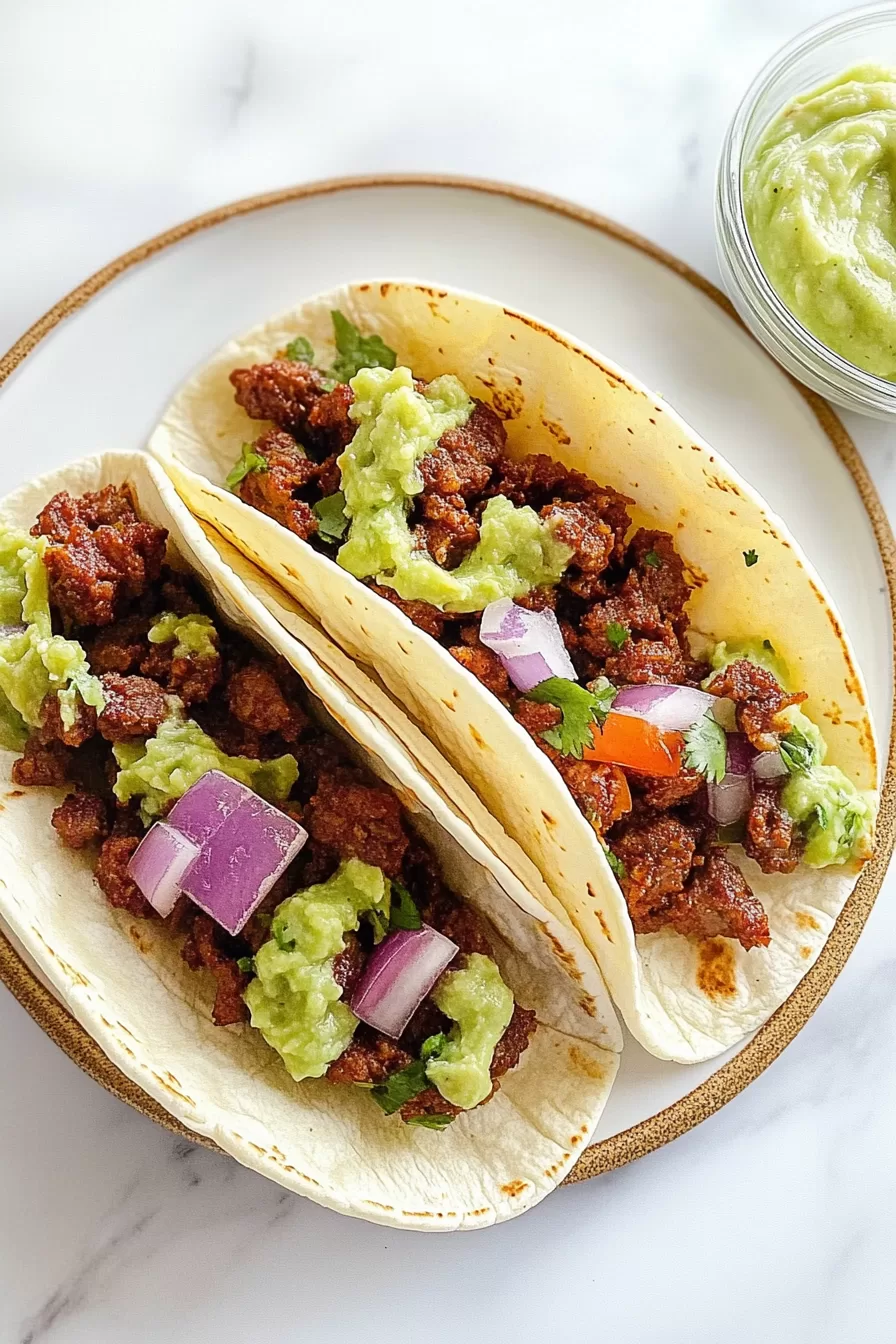 A plate of soft shell tacos filled with seasoned meat, fresh guacamole, and diced onions, served with a side of creamy avocado sauce.