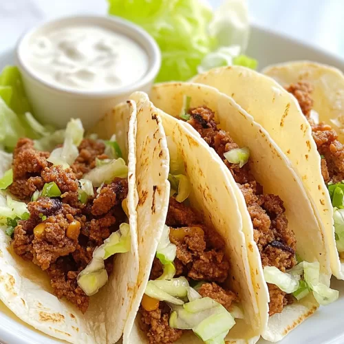 Soft shell tacos filled with corn, diced cucumbers, and seasoned meat, garnished with a sprinkle of cilantro and red onions.