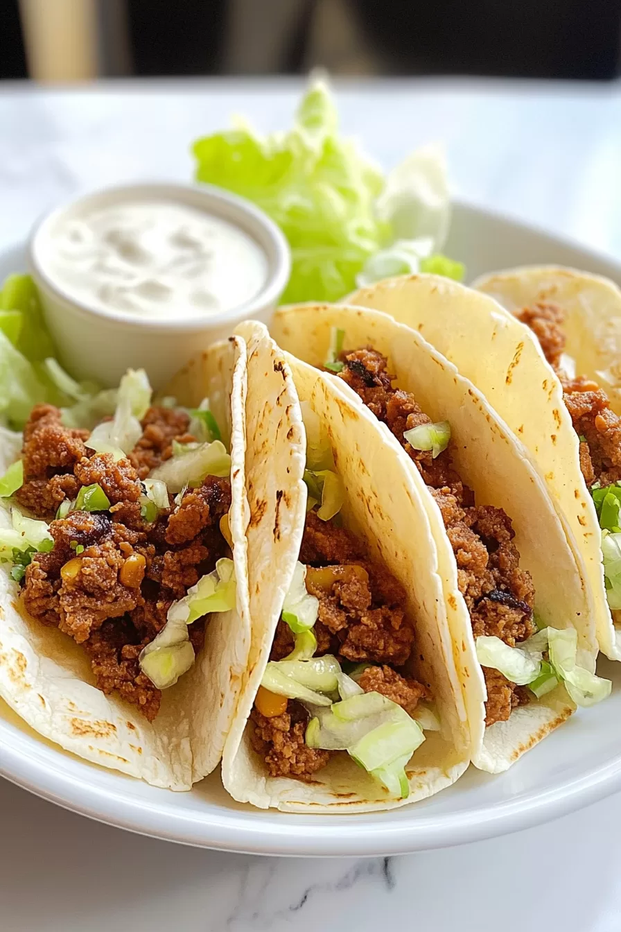 Soft shell tacos filled with corn, diced cucumbers, and seasoned meat, garnished with a sprinkle of cilantro and red onions.