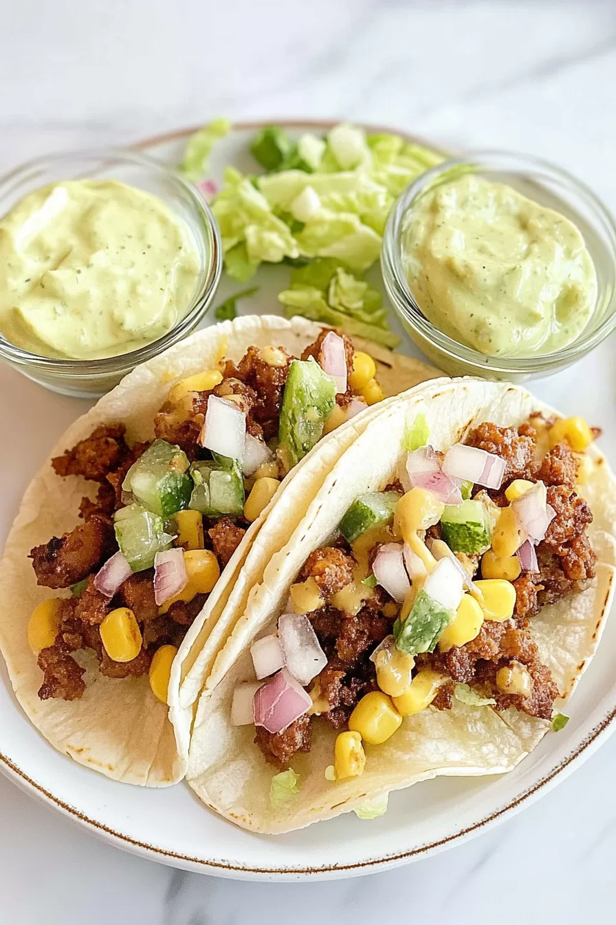 Soft shell tacos on a plate with vibrant fillings of ground meat, guacamole, and fresh toppings, ready to enjoy.