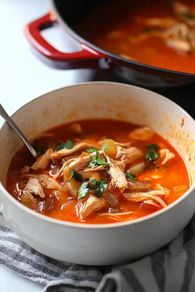 A close-up of a bowl filled with tender shredded chicken in a rich, red tomato-based broth, garnished with fresh parsley.