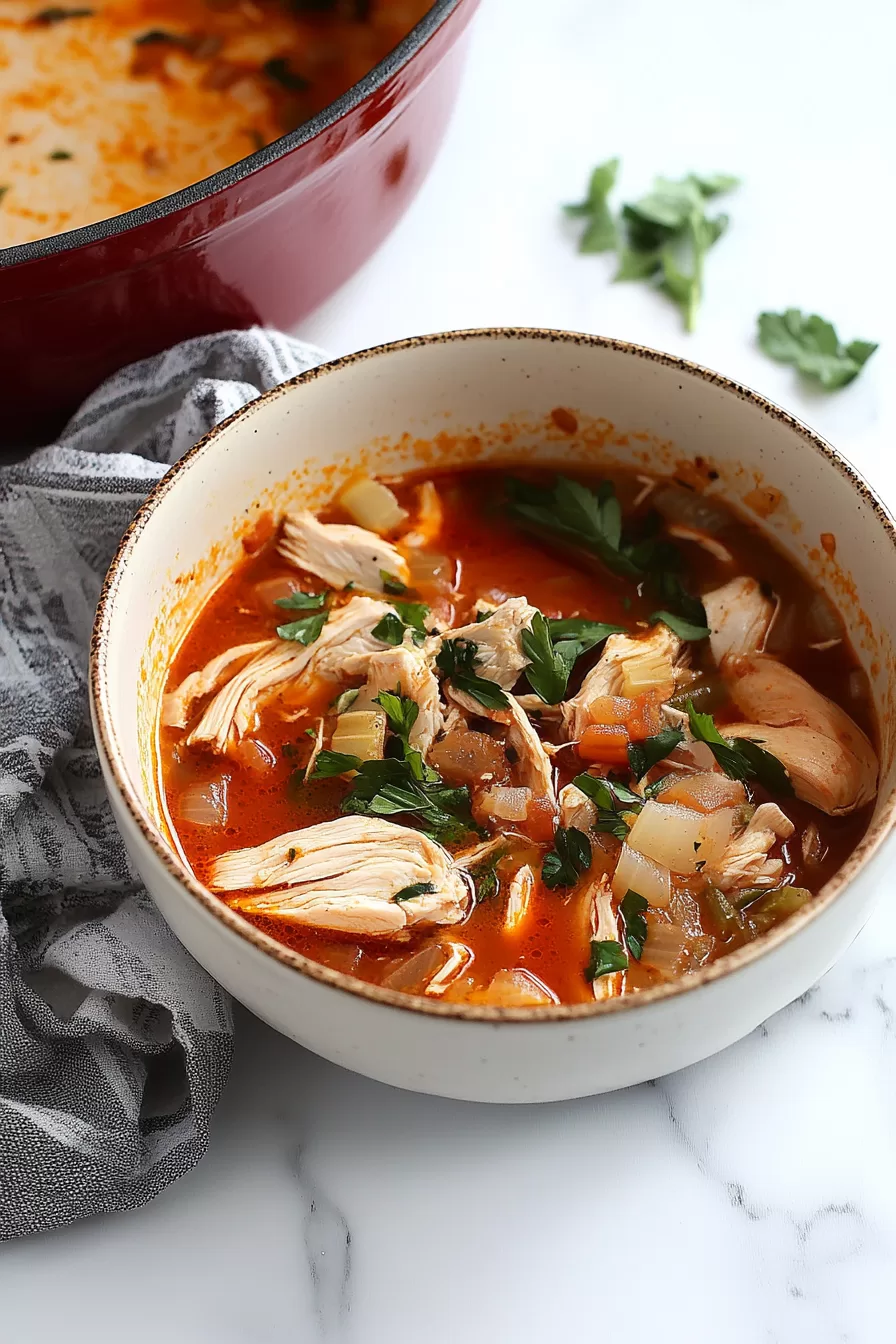 A steamy, comforting chicken soup with vegetables and herbs served in a white bowl on a striped linen napkin.