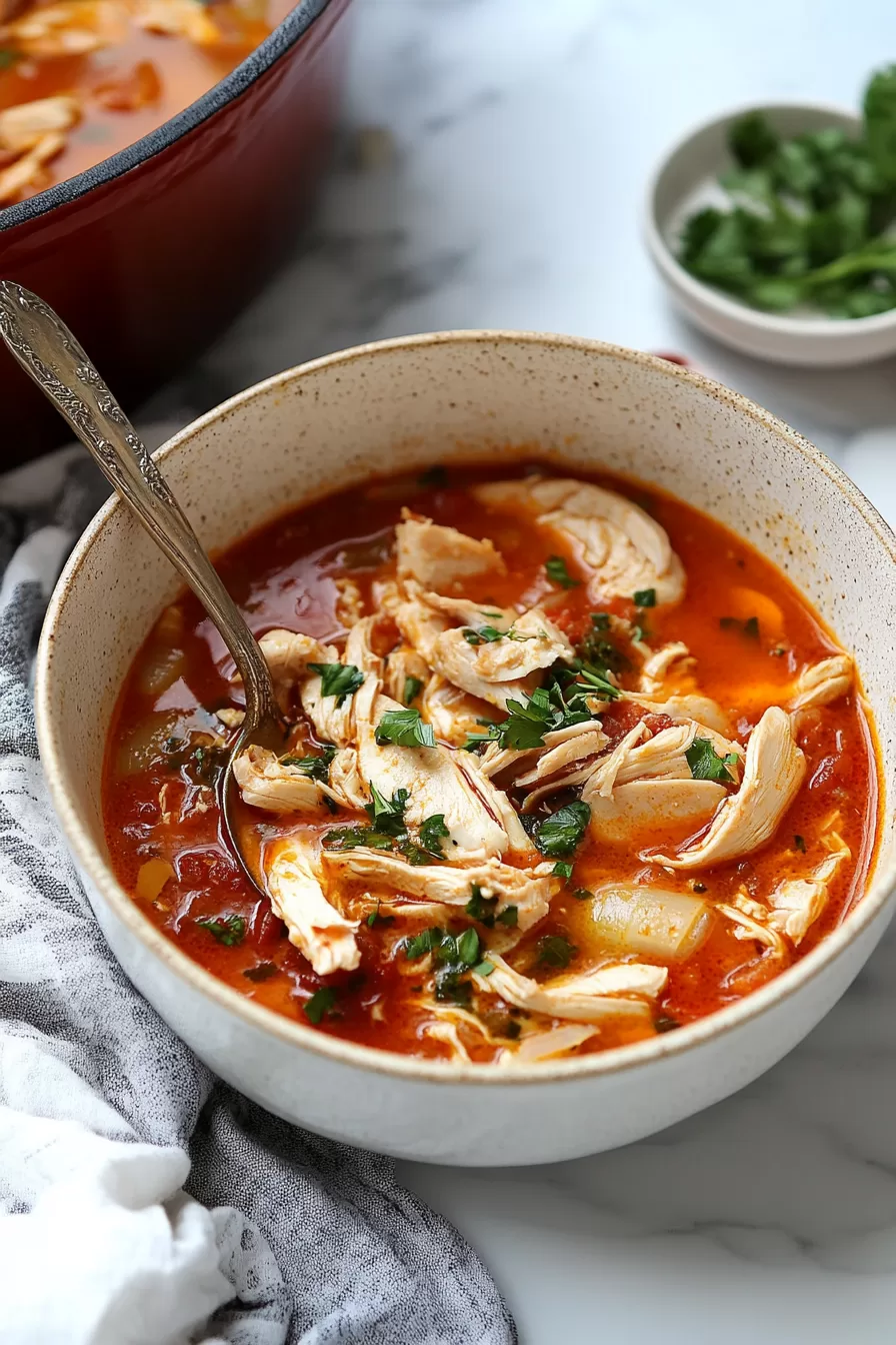 A spoonful of shredded chicken and vegetables resting in a warm, tomato-infused soup, topped with green parsley.