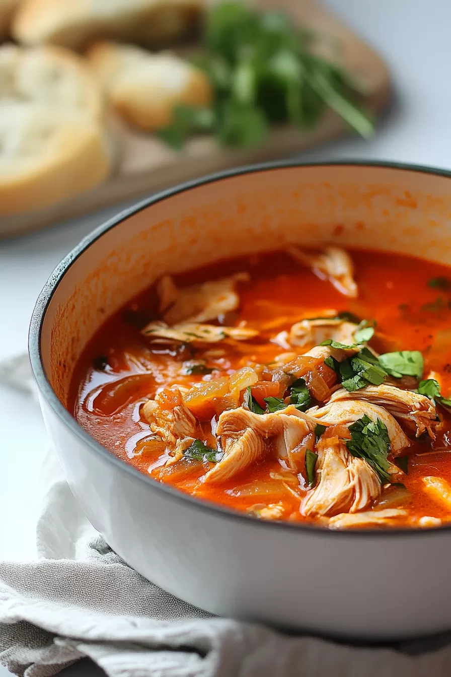 A rustic red pot of simmering chicken soup featuring hearty chunks of chicken and celery in a vibrant red broth.