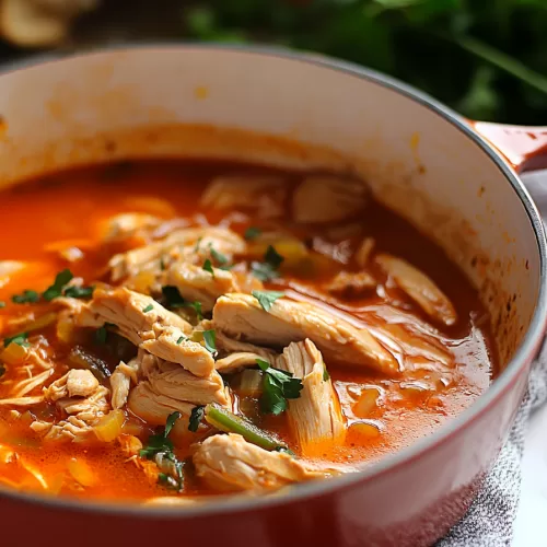 A serving of flavorful, rich red chicken soup in a deep pot, with visible herbs and chunks of tender chicken.